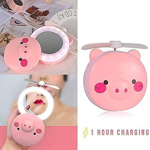 Cartoon Cute Pig LED Lights Mirror Pocket Fan
